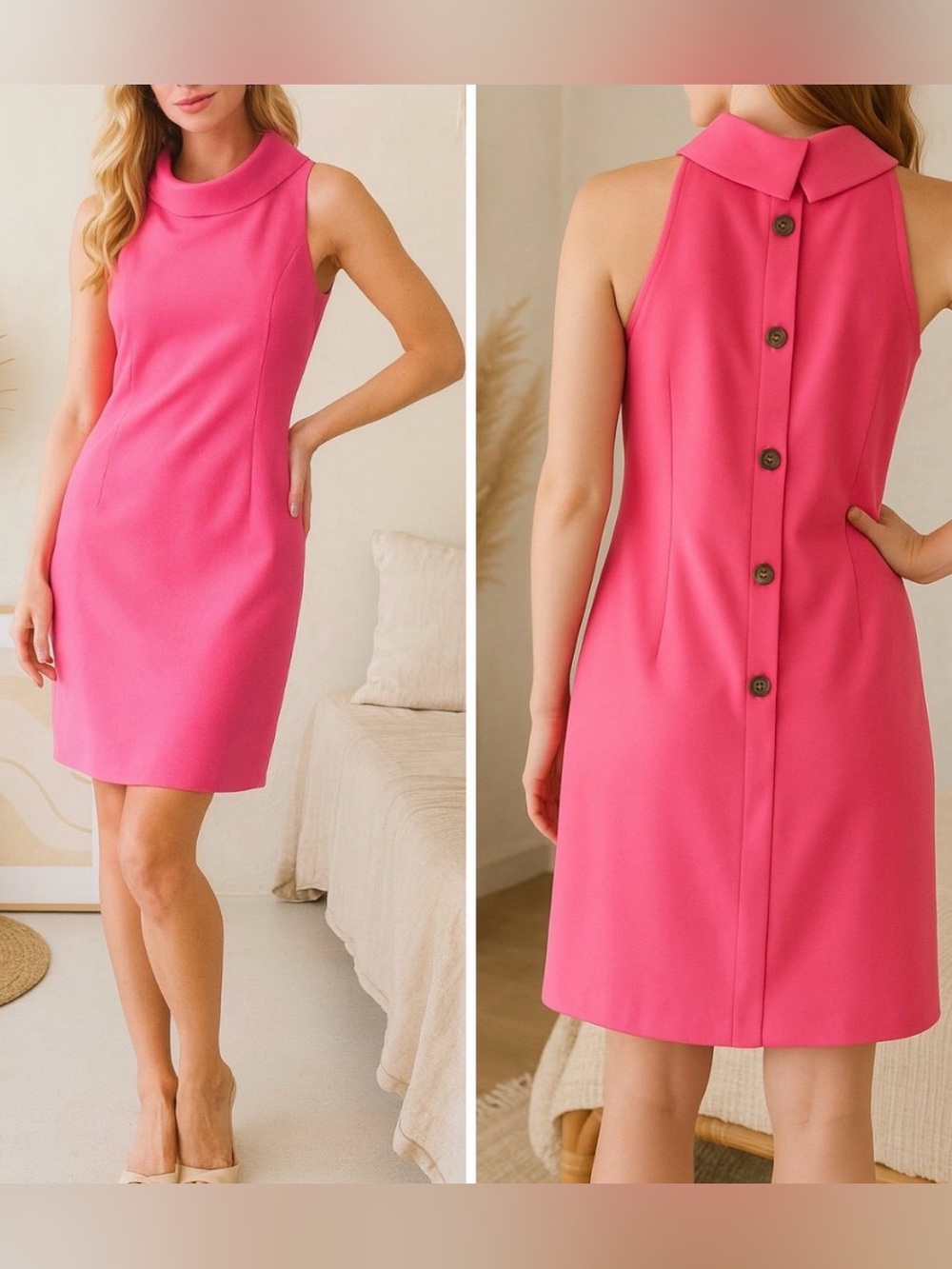 STS Sail to Sable Hydra Cowl Neck Button Back Sleeveless Shift Dress Hot Pink S